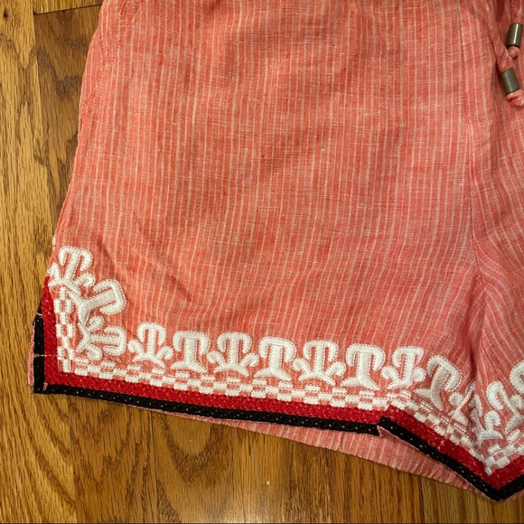 Anthropologie pink striped drawstring waist linen shorts with embroidered hem - Picture 2 of 3
